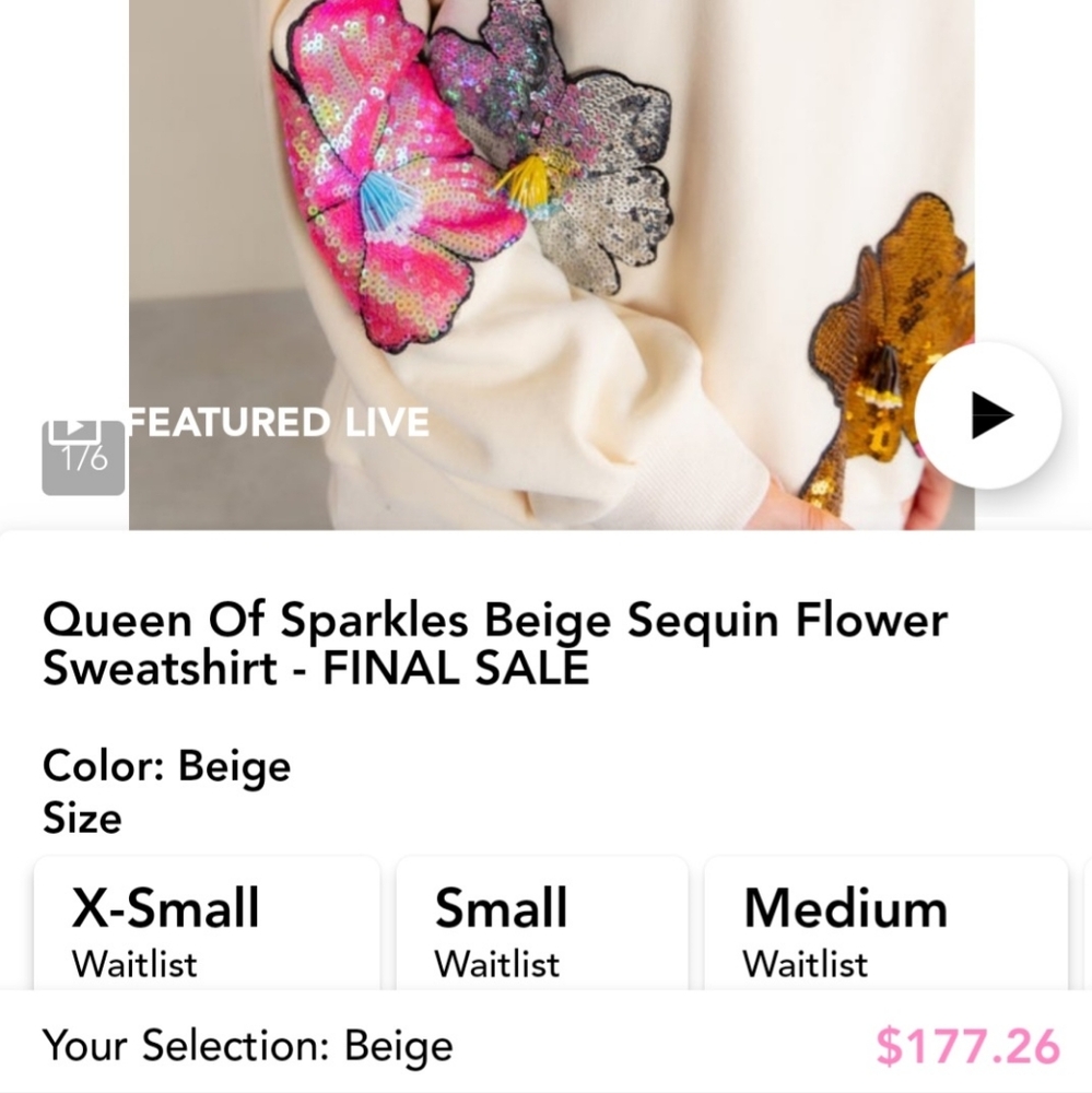 Queen Of Sparkles Beige Sequin Floral Sweatshirt - Picture 2 of 4